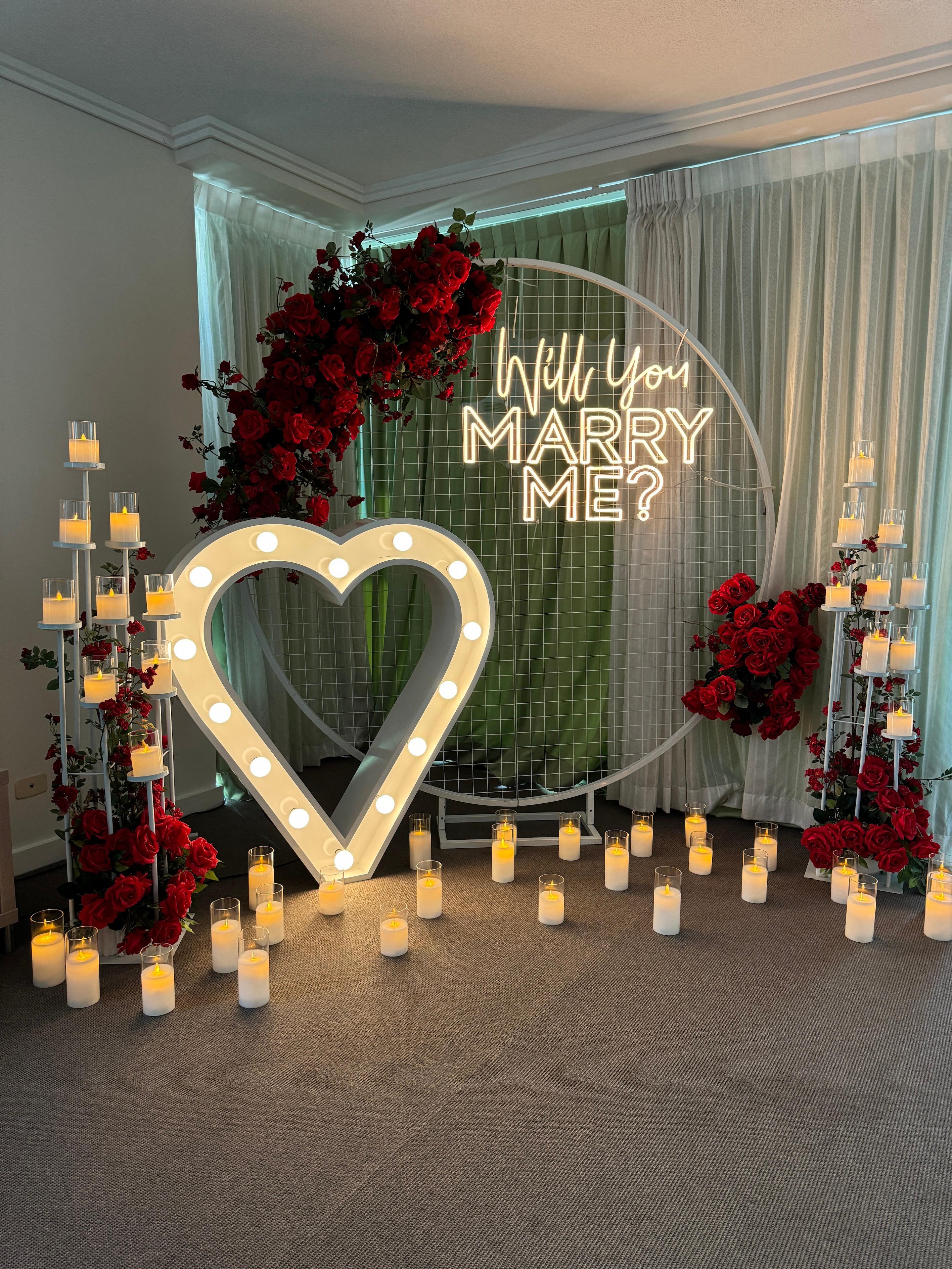 Neon luxe proposal package with light up love heart and LED candles